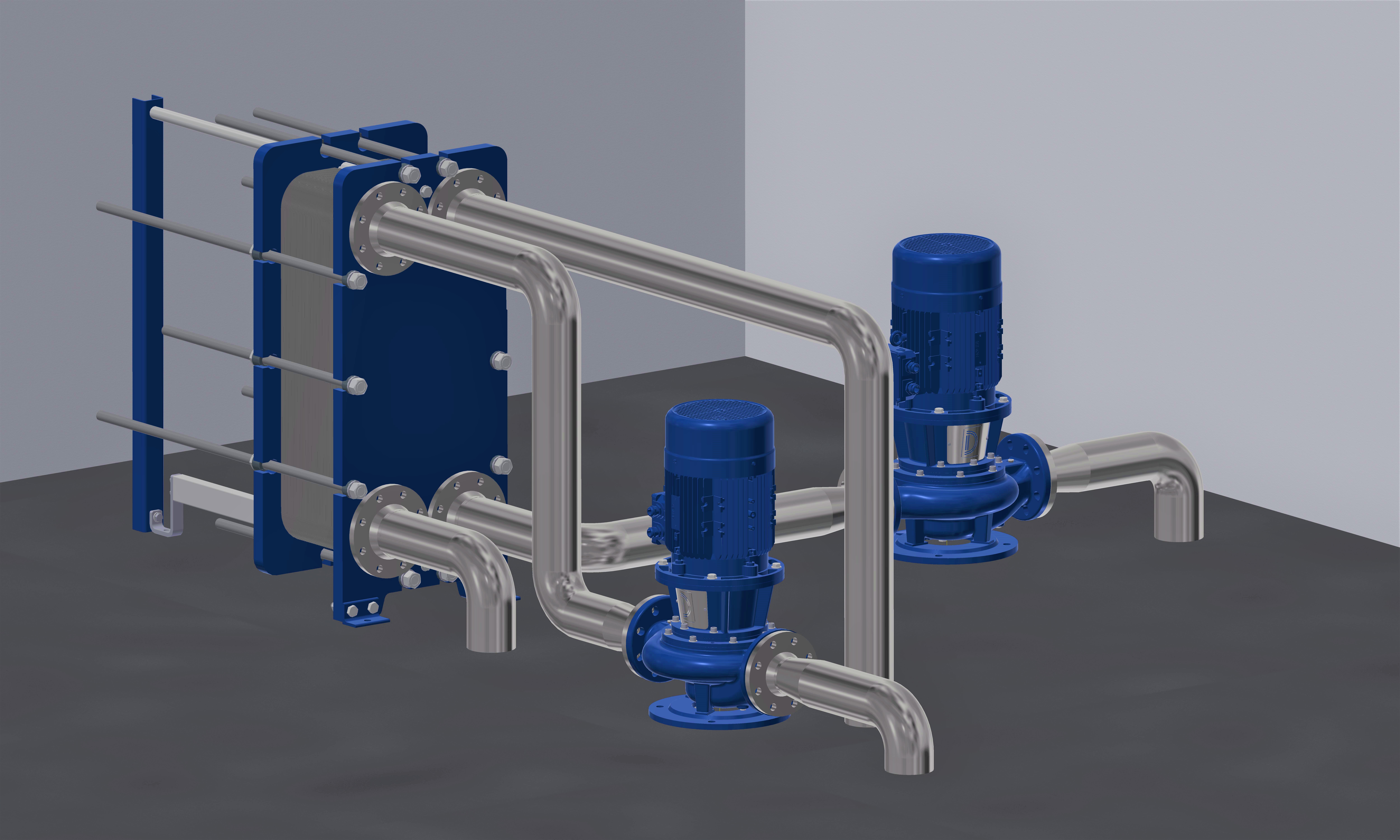 Plate heat exchanger unit with inline pumps